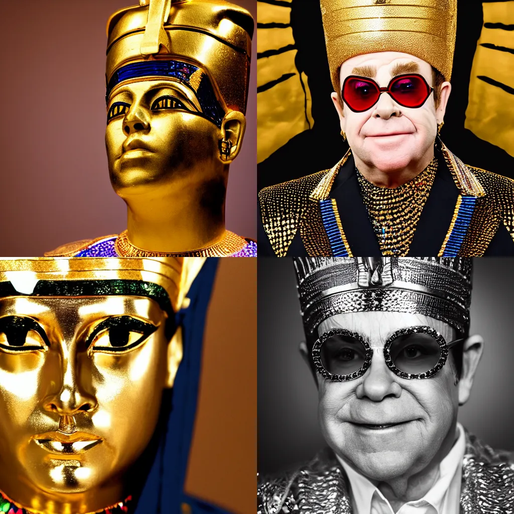 Prompt: Elton John as an egyptian pharaoh, 4k, DSLR photo, beautiful, sparkling, golden