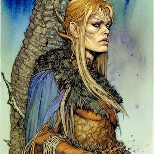 Image similar to a realistic and atmospheric watercolour fantasy character concept art portrait of brigitte bardot as a druidic warrior wizard looking at the camera with an intelligent gaze by rebecca guay, michael kaluta, charles vess and jean moebius giraud