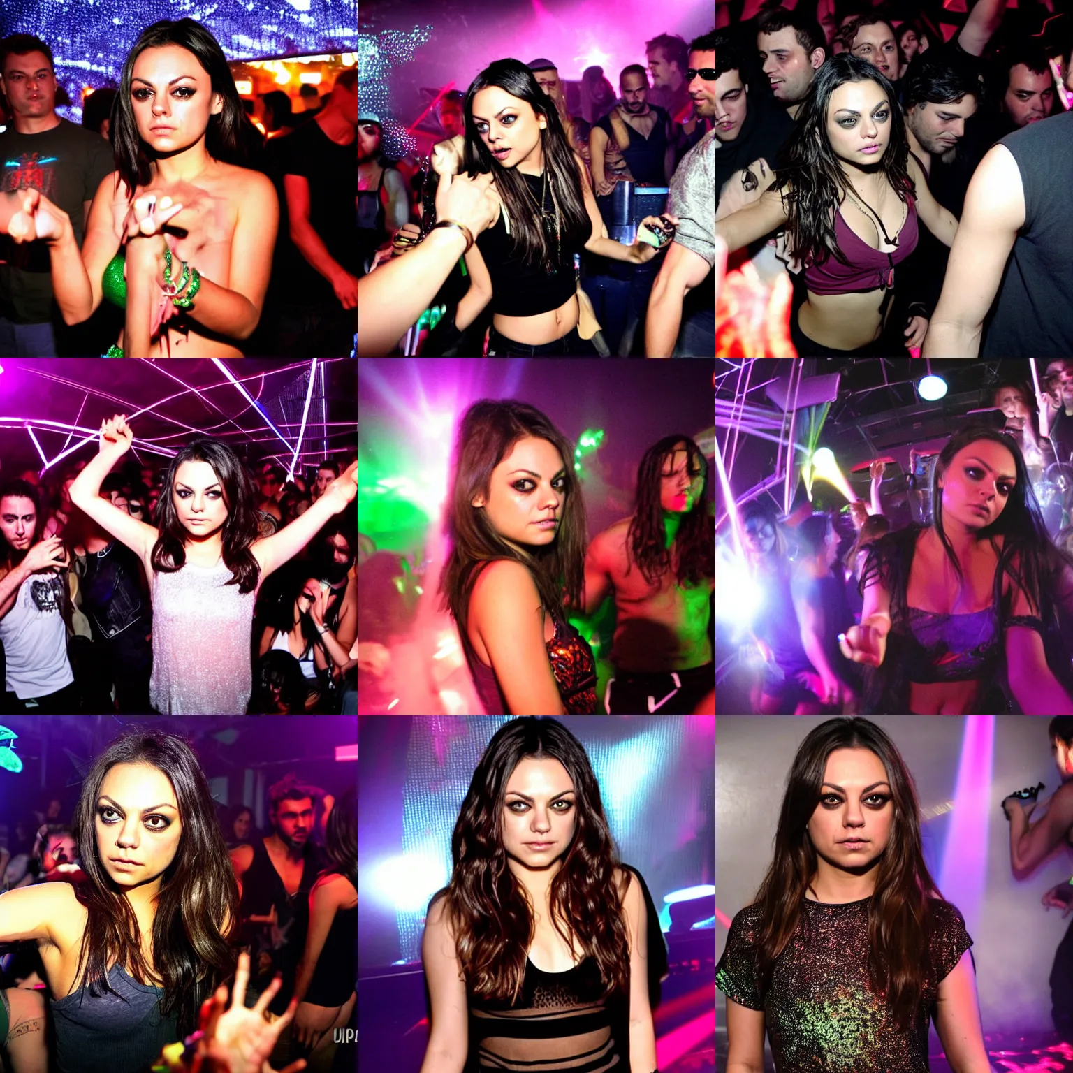 Prompt: mila kunis at a drum and bass jungle party dancing, dark, party people in background, lasers, ecstasy