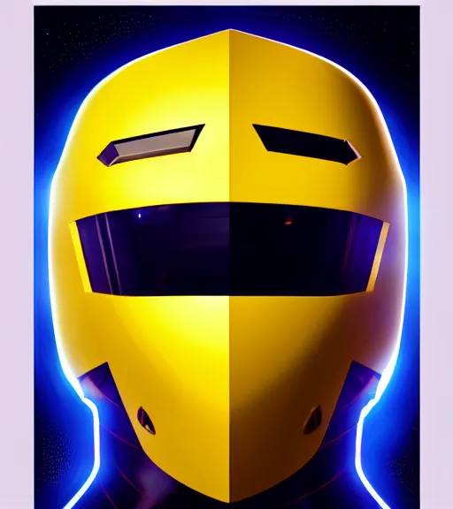 Image similar to symmetry!! yellow ranger, lightning - bolt - shaped helmet!!, hard edges, product render retro - futuristic poster scifi, lasers and neon circuits, thunder strikes, lightning, intricate, elegant, highly detailed, digital painting, artstation, concept art, smooth, sharp focus, illustration, dreamlike, art by artgerm