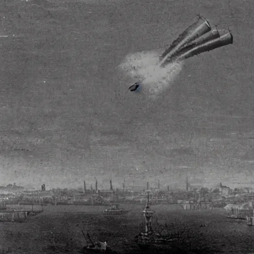 Prompt: grainy 1800s photo of a dirigible warship being shot down over a city