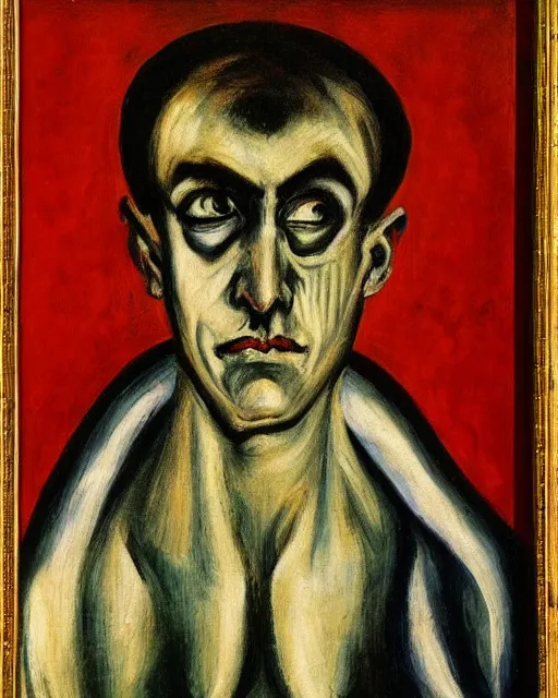 Prompt: Max Beckmann. El Greco. Oil on canvas. Portrait of a demon.