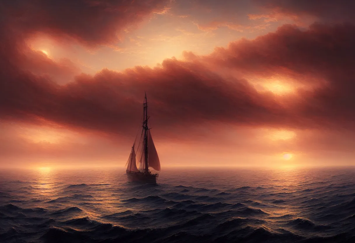 Image similar to strange sea surface of autumn planet at sunset, sailing ship on horizon, ultra high definition, ultra detailed, symmetry, fog, matte painting, by greg rutkowski and ross tran and wlop