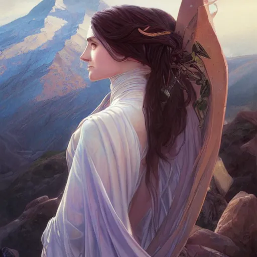 Prompt: Varda, queen of arda, on Mount Taniquetil in Valinor, elegant portrait, highly detailed, digital painting, artstation, concept art, sharp focus, illustration, art by artgerm and greg rutkowski and alphonse mucha