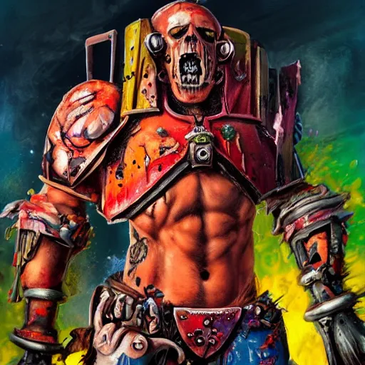 Image similar to Bright, colorful, realistic Warhammer 40k individual full body and head shot gore covered with scars and tattoos screaming, backlighting, kodachrome, high contrast, highly detailed, sharp focus, digital painting, concept art, illustration, trending on artstation, comic book by Alex Ross cover art