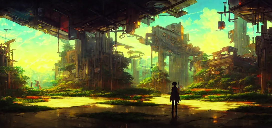 Image similar to baroque oil painting of anime key visual environment of a eden in a cyberpunk world, brutalist, dark fantasy, sunset, rule of thirds, digital cel shading, fake hidden detail, trending on pixiv fanbox, style of makoto shinkai studio ghibli jamie wyeth james gilleard greg rutkowski