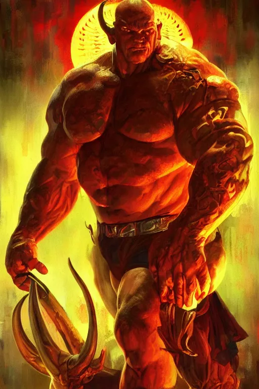 Prompt: pulp scifi fantasy illustration full body portrait marvel huge martyn ford as red hell demon with ram's horns, dynamic action, by norman rockwell, jack kirby, alex ross, bergey, craig mullins, ruan jia, jeremy mann, tom lovell, 5 0 s, astounding stories, amazing, fantasy, other worlds