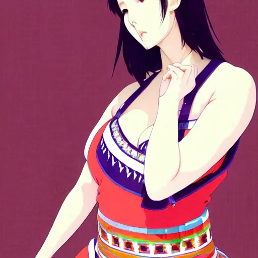 Image similar to a beautiful plus sized model japanese natalie portman, alluring plus sized model, wearing mayan leotard with elegant mayan apron overalls, street fashion hip hop style with mayan patterns, aztec street fashion, gapmoe yandere grimdark, trending on pixiv fanbox, painted by greg rutkowski makoto shinkai takashi takeuchi studio ghibli, akihiko yoshida