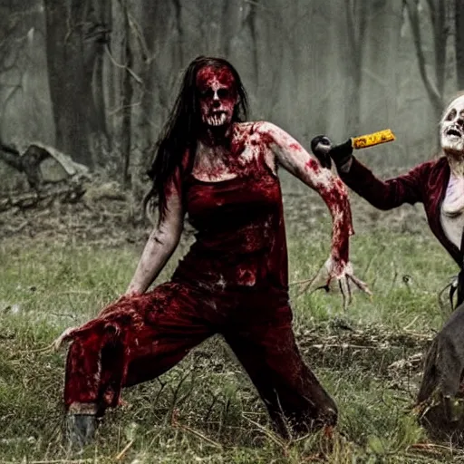 Image similar to horror movie still of two zombie woman fighting,