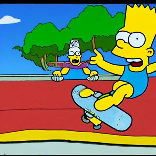 Prompt: bart simpson jumping over homer on his skateboard in the style of bill plympton 4 k