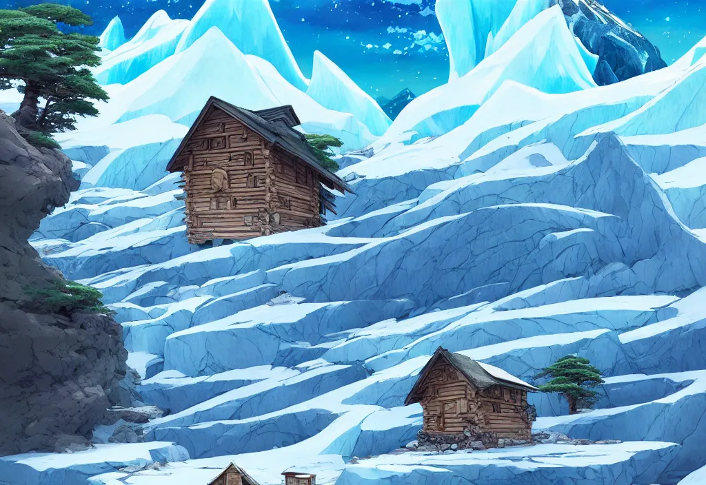 Prompt: a glacier with a tiny chubby wood house on the foreground, dead trees, ice, rocks, dry plants, intricate oil painting, high detail illustration, sharp high detail, manga and anime 1 9 9 9, official fanart behance hd artstation by jesper ejsing and makoto shinkai, 4 k,