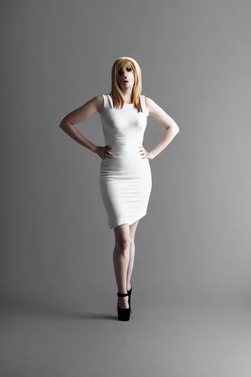 Prompt: 2 8 mm portrait of cute emily skinner cosplaying annie leonhart wearing tight white dress, wearing black open toe heels, pale skin, glass studio, cinematic lighting, sharp focus, backlit, stunning, smooth, hard focus, glamour pose, full body shot, octane 8 k