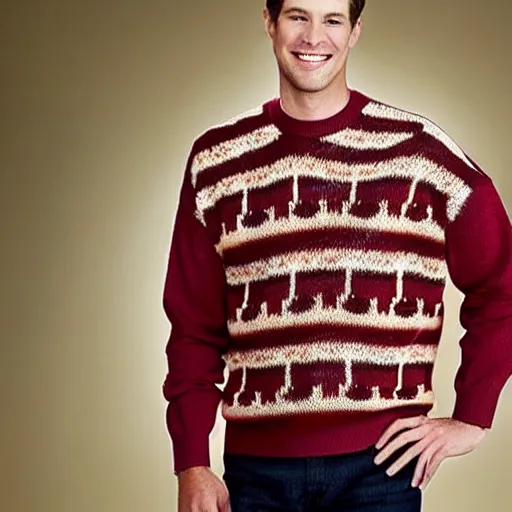 Prompt: model wearing a sweater of bacon weave!!, product photo, jc penny catalog