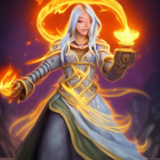 Image similar to hearthstone official professional art. a sorceress, wearing a robe casting a fire ball. insanely coherent physical body parts ( face, arms, legs, hair, eyes, pupil, eye white ). full body realistic, sharp focus, 8 k high definition, insanely detailed, intricate, elegant, smooth, sharp focus, illustration, artstation