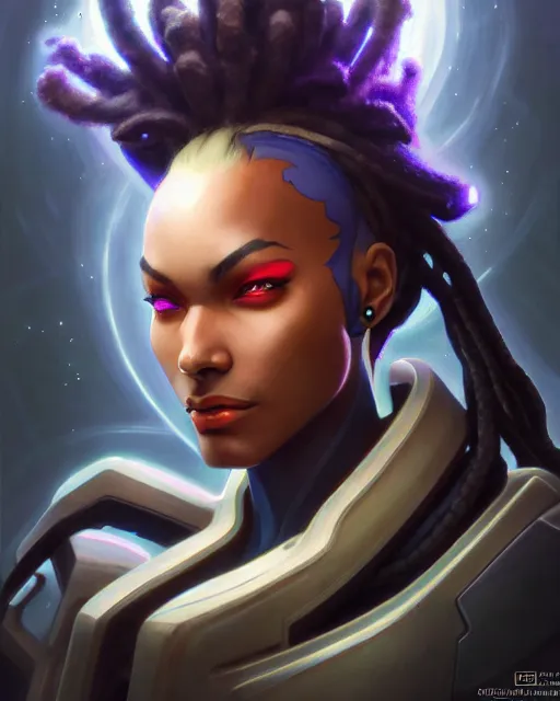 Image similar to sojourn from overwatch, bust, dreadlocks, gray hair, cyborg eyes, fantasy, fantasy art, fantasy, colorful, elegant, character portrait, portrait, close up, highly detailed, intricate detail, amazing detail, sharp focus, vintage fantasy art, vintage sci - fi art, radiant light, caustics, by boris vallejo