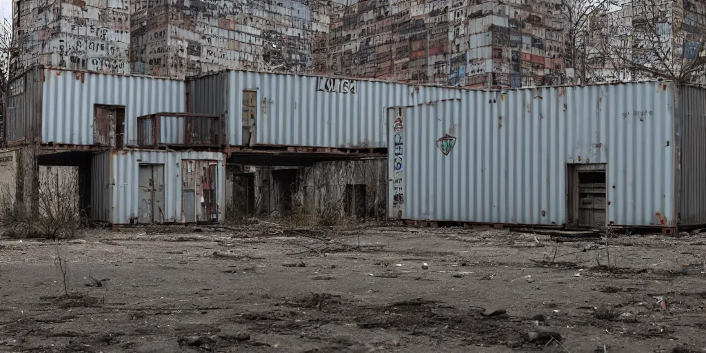 Image similar to an abandoned city hall with the door being covered by some maersk shipping containers