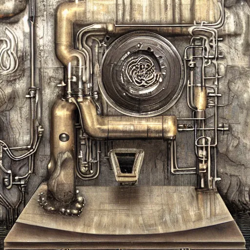 Prompt: a stream of water entering a machine made from organs and producing a coin in the style of H R Giger, 8k