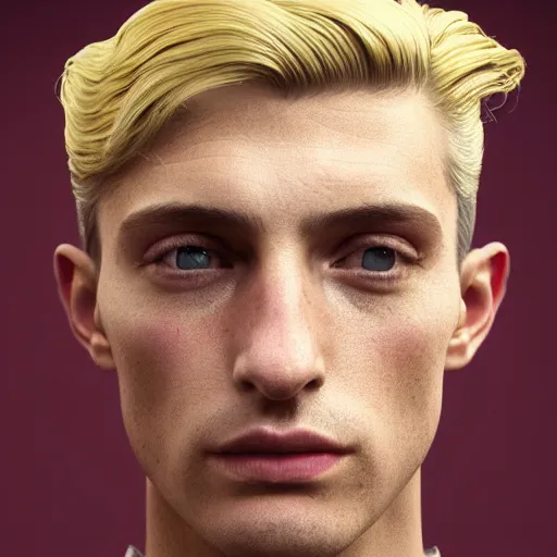 Image similar to A Hearts of Iron IV portrait of a blond young Spanish actor with high cheekbones. Good bone structure. Dressed in 1940s style. Highly detailed, fine Art, high detail, great lighting, 8k resolution, masterpiece, concept art, illustration, clear eyes, painting oil on canvas, octane render, HDR, trending on artstation, 4k, 8k, HD