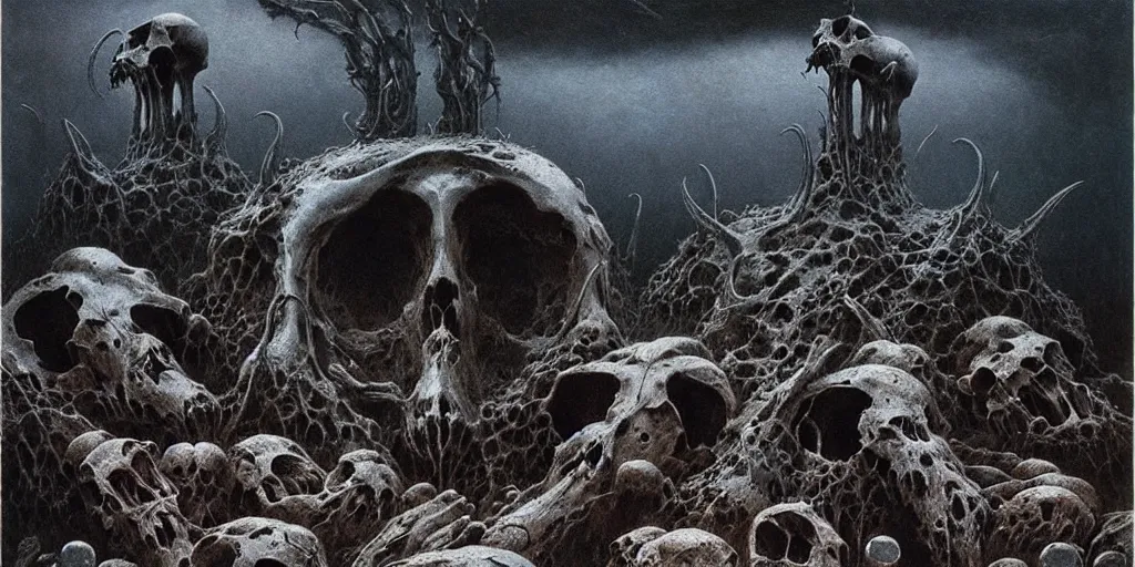 Prompt: wasteland of malformed mammal skulls, Zdzislaw Beksinski, Wayne Barlowe, gothic, cosmic horror, dystopian, biomorphic, lovecraftian, amazing details, cold hue's