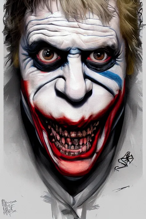 Image similar to Boris Johnson as Joker from The Dark Knight, portrait, highly detailed, digital painting, artstation, concept art, smooth, sharp focus, illustration, cinematic lighting, art by artgerm and greg rutkowski and alphonse mucha