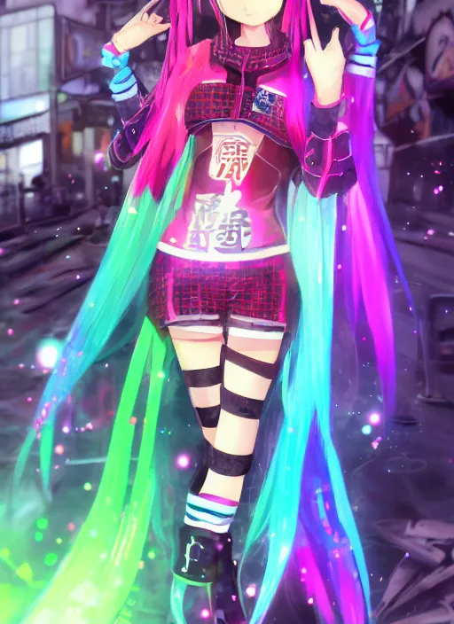 Image similar to anime, vrchat, secondlife, imvu, 3 d model of a girl wearing harajuku colorful clothes, cyberpunk armor, cyborg, pop colors, kawaii hq render, detailed textures, artgerm artstationhd, booth. pm, highly detailed attributes and atmosphere, dim volumetric cinematic lighting, hd, unity unreal engine