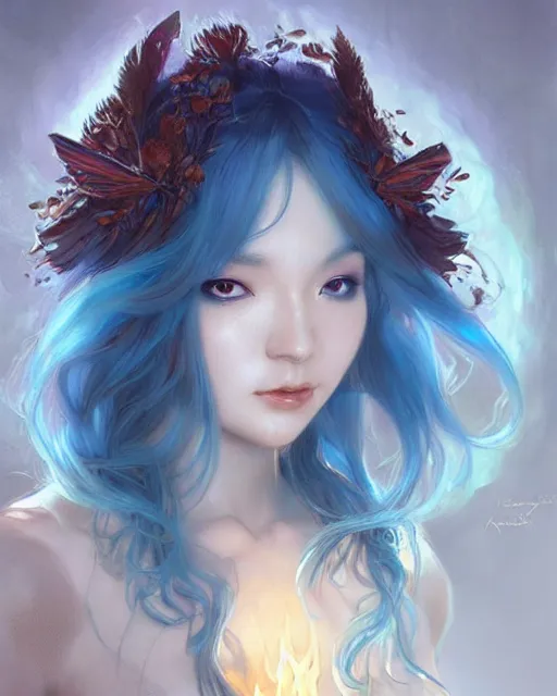 Image similar to stunningly beautiful female blue hair, cute korean actressr, fantasy art, fae priestess, lush dark forest landscape, fireflys at night, sharp focus, digital painting, 8 k, concept art, art by wlop, artgerm, greg rutkowski and alphonse mucha