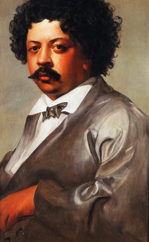 Image similar to Portrait of Alexandre Dumas, oil on canvas, highly detailed, by Delacroix, 8k