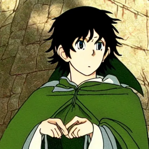 Image similar to peregrin took from the anime lord of the rings (1986), dark hair, green cape, studio ghibli, very detailed, realistic