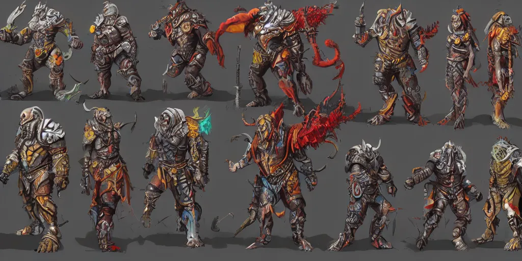 Image similar to different views of scary orcs in armour, colourful intricate!! concept art by senior character artist, trending on artstation, full body character design