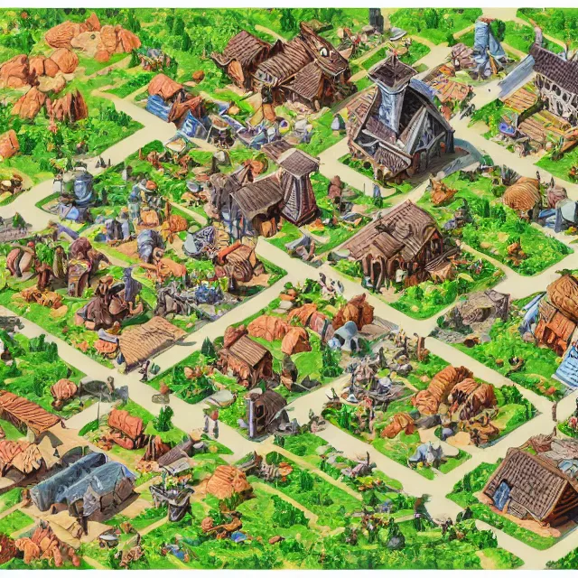 Prompt: an isometric map of a fantasy village