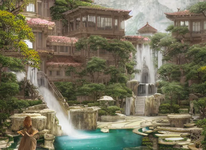 Image similar to A wide open courtyard in a beautiful elven city made of ivory, anime, Singaporean lush sakura trees, fountain, at Pamukkale, thermal waters flowing down white and gold travertine terraces, intricate, elegant, luxurious, digital painting, concept art, smooth, sharp focus, from Star Trek 2021, illustration, by WLOP and Ruan Jia and Mandy Jurgens and William-Adolphe Bouguereau, Artgerm