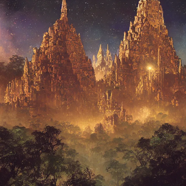 Prompt: a beautiful painting of the pinnacles, domes and towers of the ancient mayan jungle city, with the night sky with stars above, intricate, elegant, highly detailed, digital painting, artstation, concept art, by krenz cushart and artem demura and alphonse mucha