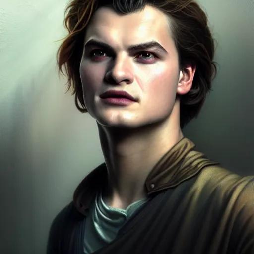 Prompt: portrait painting of actor joe keery as a vampire, ultra realistic, concept art, intricate details, eerie, highly detailed, photorealistic, octane render, 8 k, unreal engine. art by artgerm and greg rutkowski and charlie bowater and magali villeneuve and alphonse mucha