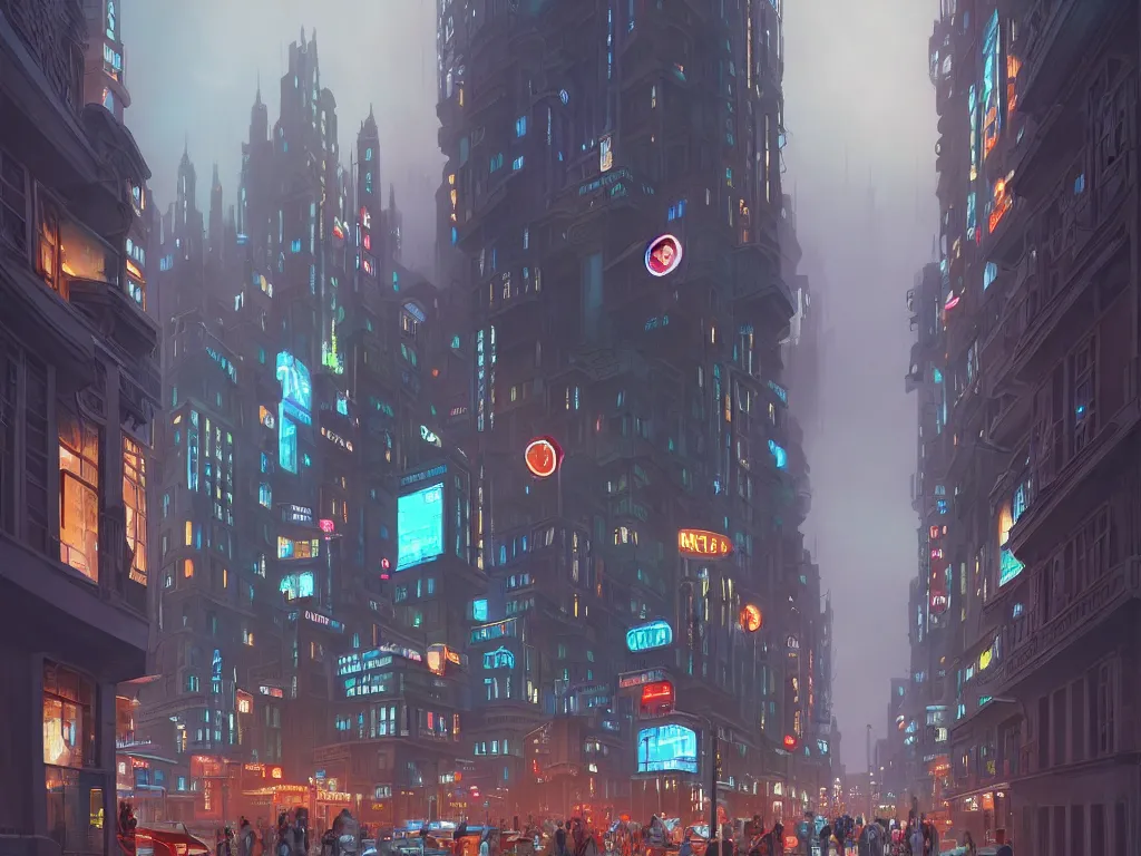 Prompt: beautiful matte painting of a busy city street with complex buildings, vivid lights, art deco, street view, futuristic, technological lights, screens, ads, fine detail, cinematic lighting, concept art, blue color scheme, by hugh ferris