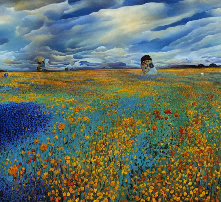Prompt: highly detailed oil painting of a field of flowers painted by salvador dali