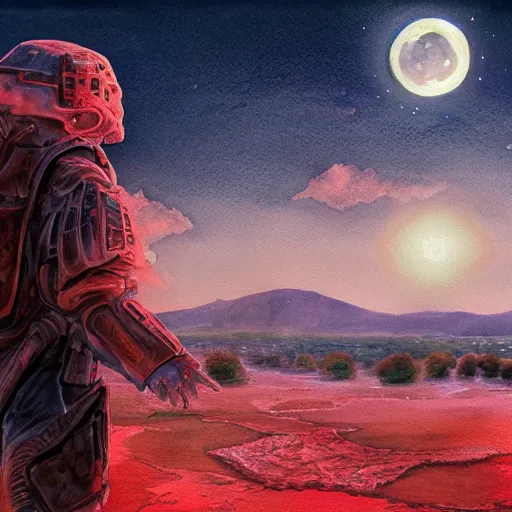 Image similar to photorealistic watercolor painting of an armored man standing before a veiny blood moon. hyperdetailed photorealism, 1 0 8 megapixels, amazing depth, high resolution, 3 d shading, 3 d finalrender, 3 d cinematic lighting, glowing rich colors, psychedelic overtones, artstation concept art.