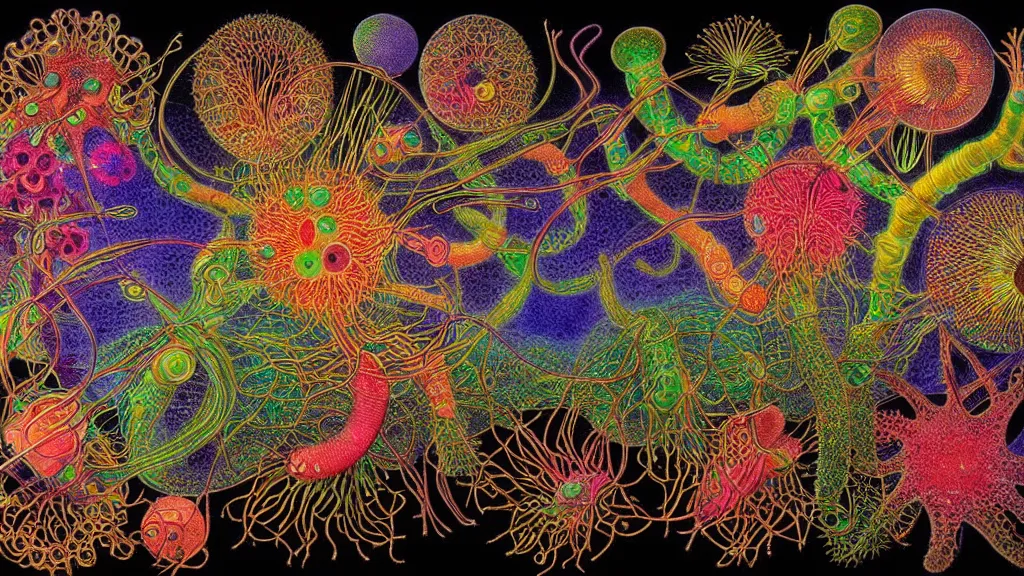 Prompt: quantum connections represented as symbiotic organisms like cells playing around with colorful lights by ernst haeckel, hyperrealistic