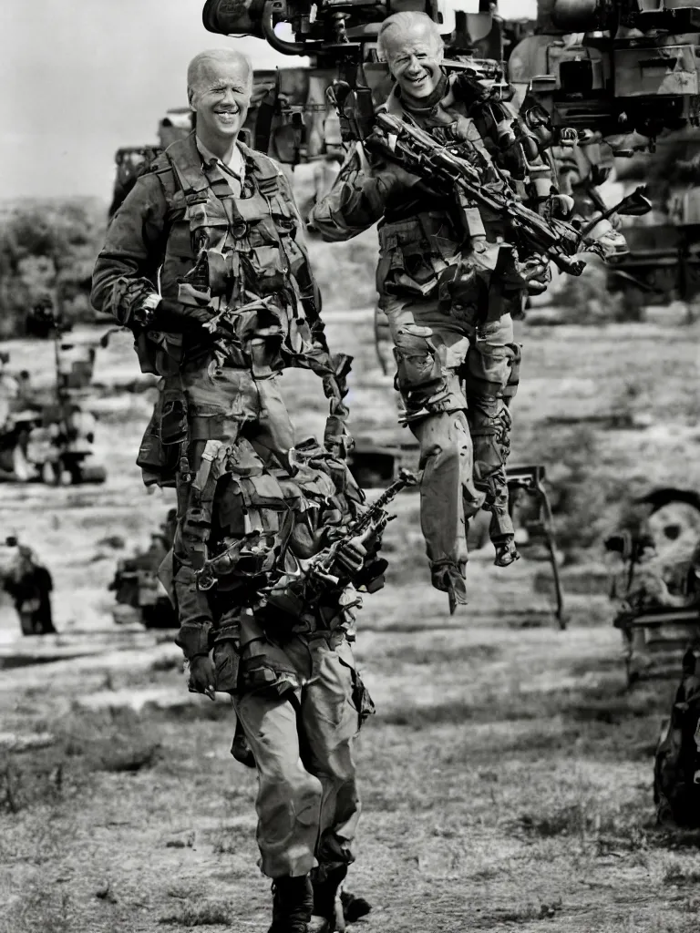 Image similar to Joe Biden carrying a M2 Browning machine gun, AP photography, full body shot, dynamic pose