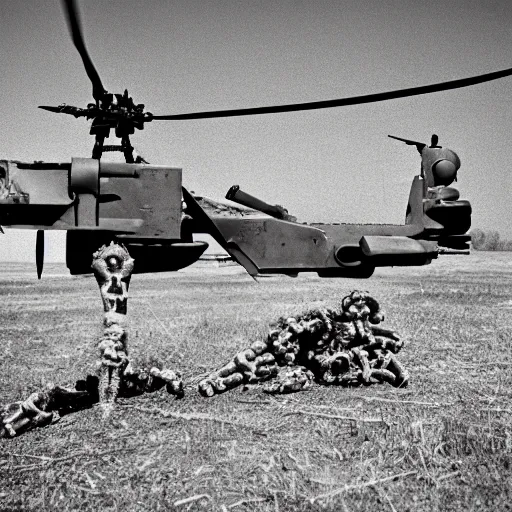 Prompt: weaponized Apache helicopter made out of bones, 35mm film, 50mm f1.8