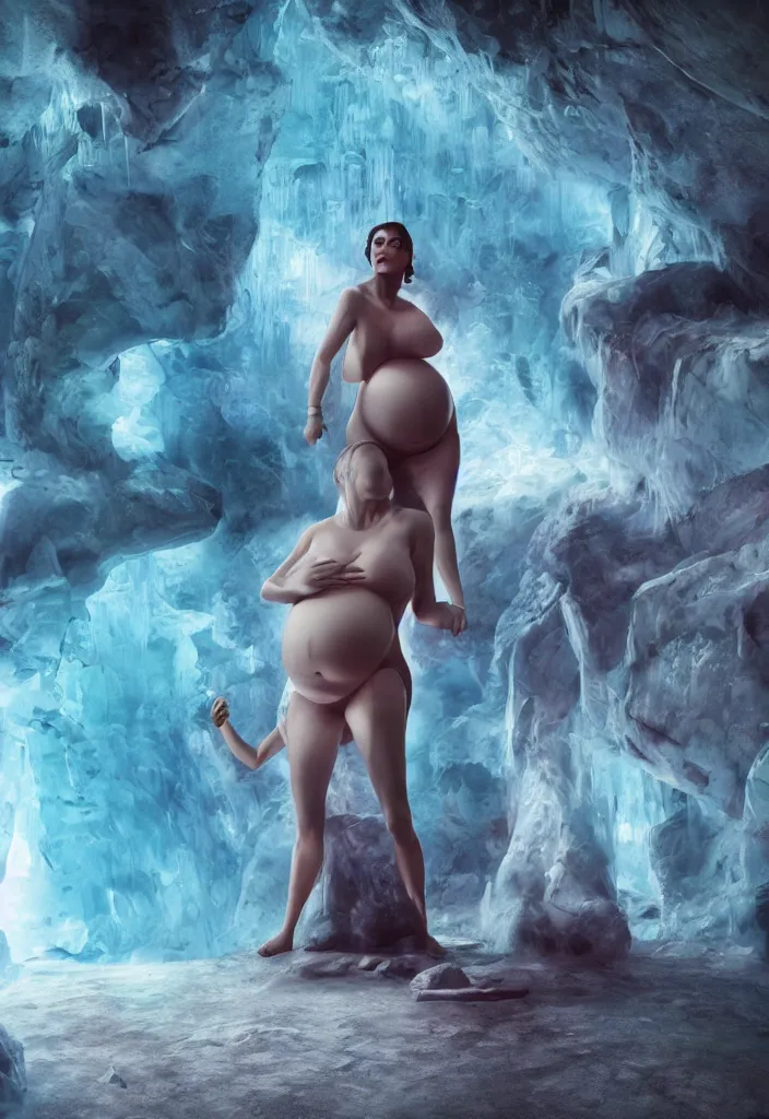 Image similar to epic leader pregnant woman talking to all her tribe with futuristic fluorescence mutant veins, proud people looking at the pregnant woman, ice cave, facinating, fantasy digital art, octane render, beautiful composition, trending on artstation, coherent, masterpiece, photorealistic