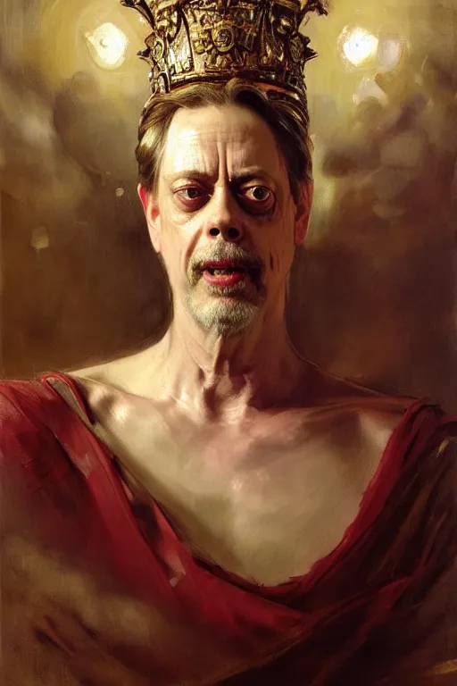 Image similar to beautiful expressive oil painting portrait of ancient roman god emperor steve buscemi ascending wearing the civic crown, art by anders zorn, wonderful masterpiece by greg rutkowski, beautiful cinematic light, american romanticism by greg manchess, jessica rossier