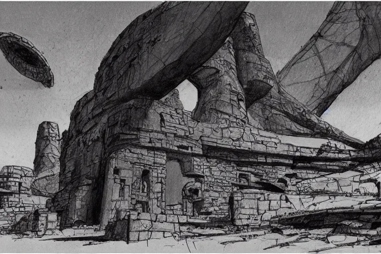 Image similar to ancient martian ruin concept sketch by joe johnston and nilo rodis - jamero and ralph mcquarrie and norman reynolds