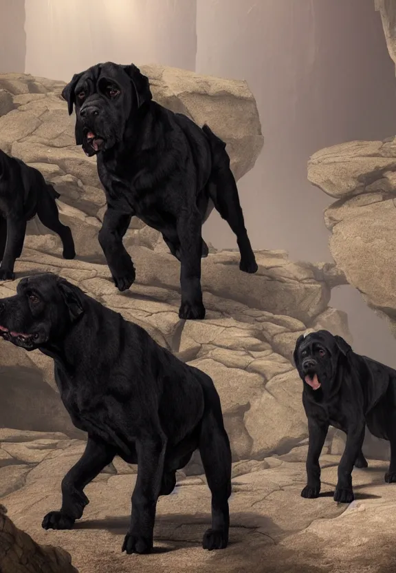 Prompt: a pack of demonic evil monstrous dark black mastiffs made of shadows while exploring a claustrophobic dark blue canyon of stone, oil painting, greg rutkowski, unreal engine, octane render, cinematic lighting, highly detailed