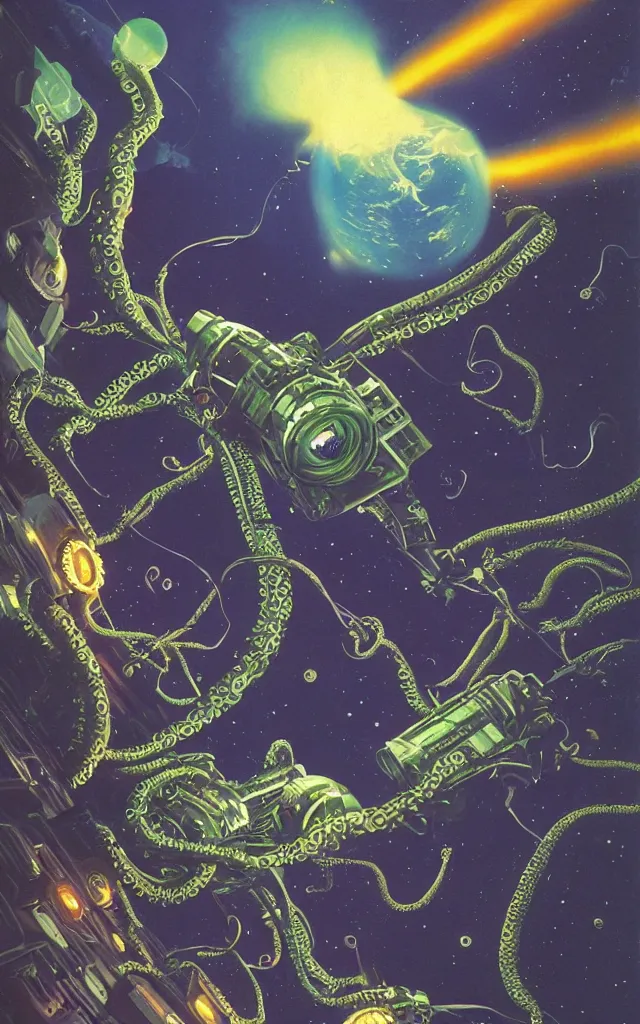 Prompt: eldritch astronaut with tentacles, in deep space, by chris foss, retrofuturism, dynamic composition, dramatic lighting, hyperrealistic, ultra detailed, nitro colors