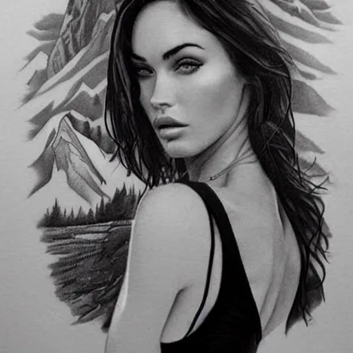 Prompt: realism tattoo sketch of double exposure megan fox blended with beautiful mountain scenery, in the style of andrey lukovnikov