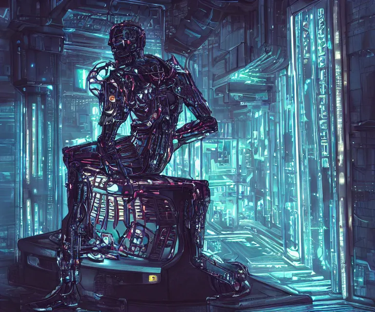 Image similar to translucent cyborg sitting on a metal throne in a futuristic castle, cyberpunk, highly detailed, sharp lines, neon lights