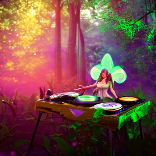 Prompt: a beautiful fairy dj playing turntables in a rave party at a magical forest, concept style trending on artstation concept art detailed octane render cinematic photo - realistic 8 k high detailed