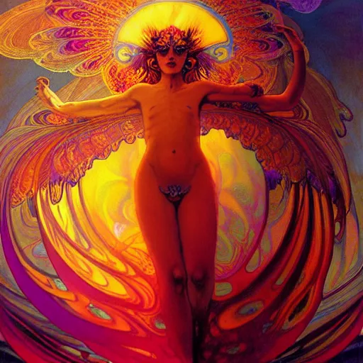 Image similar to psychedelic transcendent bodhisattva mind bending psychedelic wings of glossy liquid honey flowing like kaleidoscopic translucent amber, lsd feathers, honey wind, enlightenment, high contrast lighting, refracted sunset, highly detailed, concept art, art by collier, albert aublet, krenz cushart, artem demura, alphonse mucha