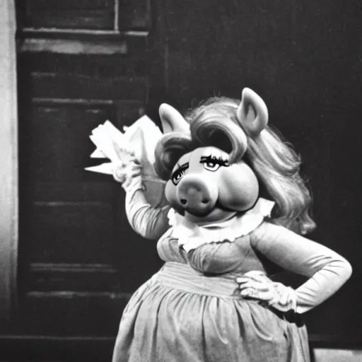 Prompt: old photo of Miss Piggy during the Great Depression