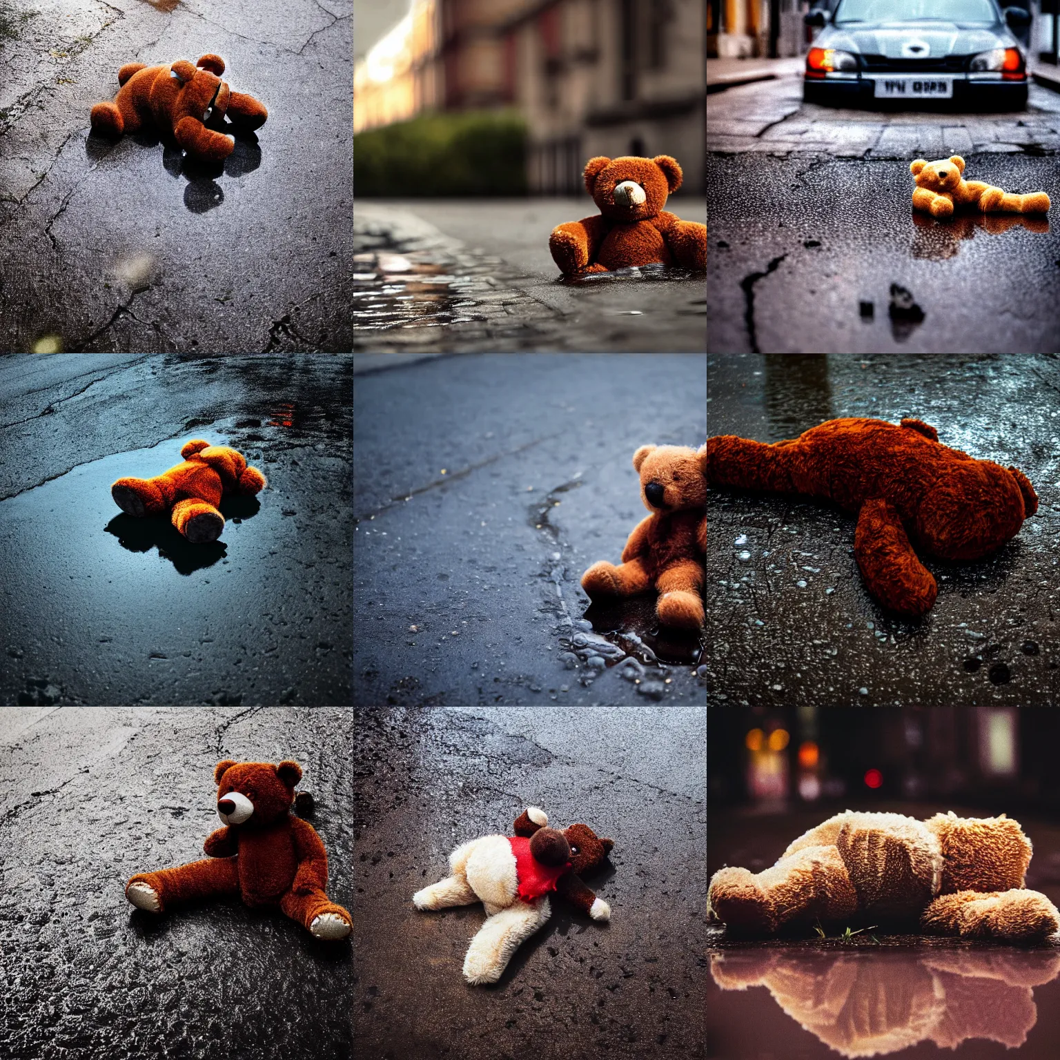 Prompt: close up photo of a bloody teddy bear lying in a puddle in a back street, police car light, cinematic, depth of field, blur, atmospheric, 8k, trending on artstation